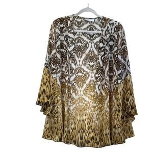 Susan Graver Womens L Open Front Cardigan Two-Tone Brown/Gold Bell Sleeve